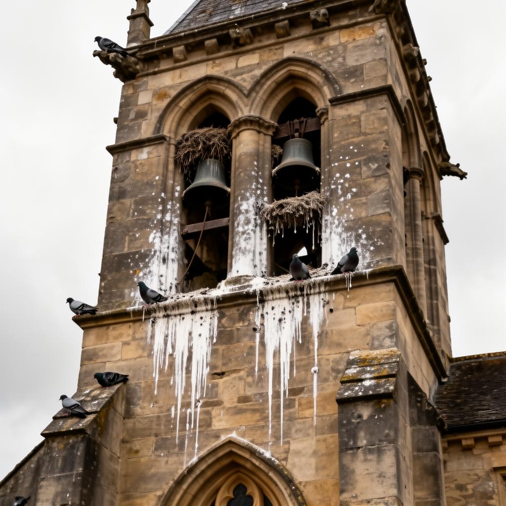 Clocher d'église contaminé par les fientes de pigeon — nettoyage NHC