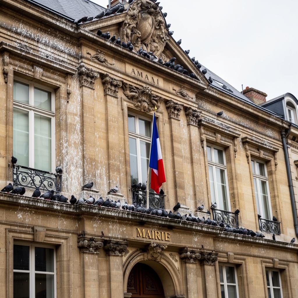 Mairie française envahie par les pigeons — fientes sur la façade